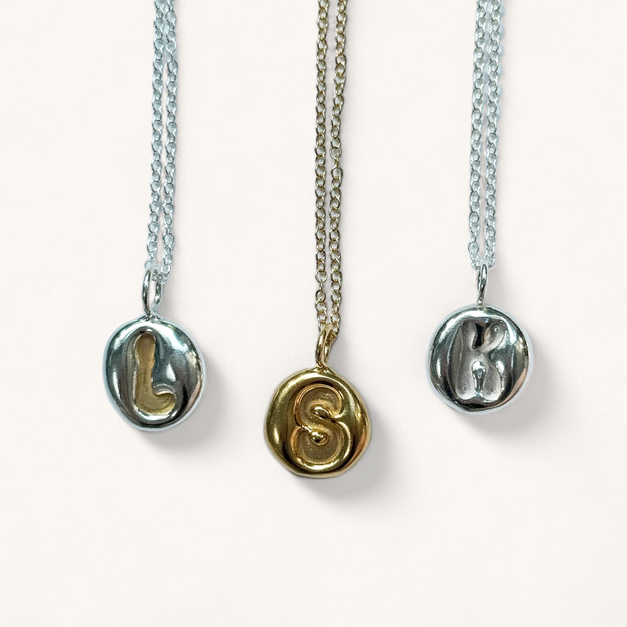 Jennifer Loiselle initial letter silver gold vermeil bubble pendant necklaces