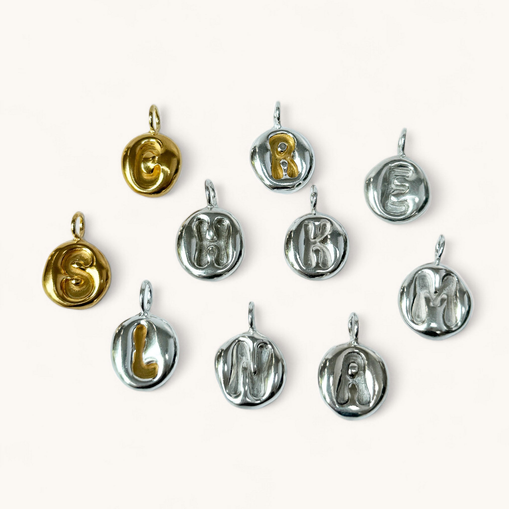 Jennifer Loiselle initial letter silver gold vermeil bubble pendant necklaces