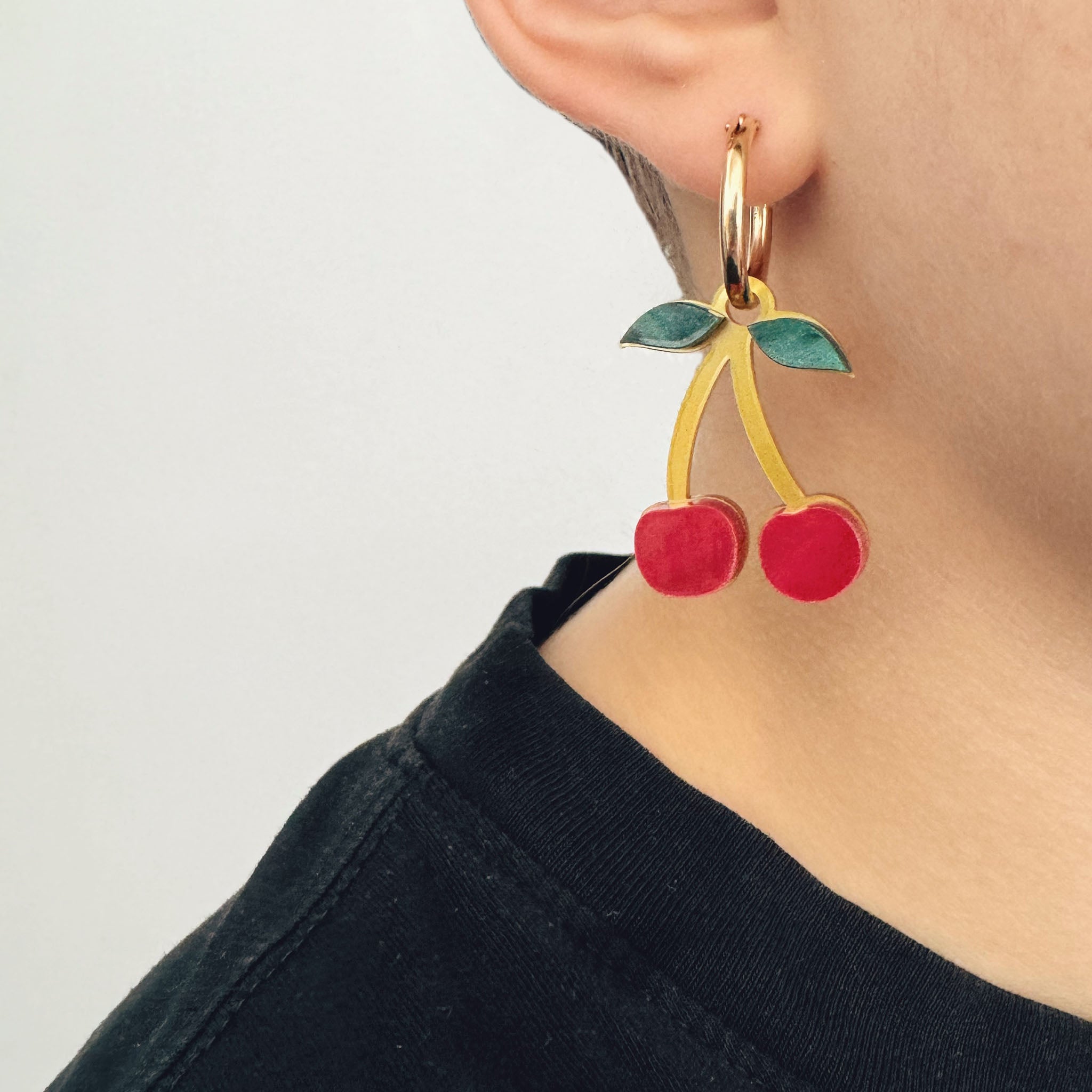 Jennifer Loiselle Cherry Charm Fruit Earrings with gold filled hoop