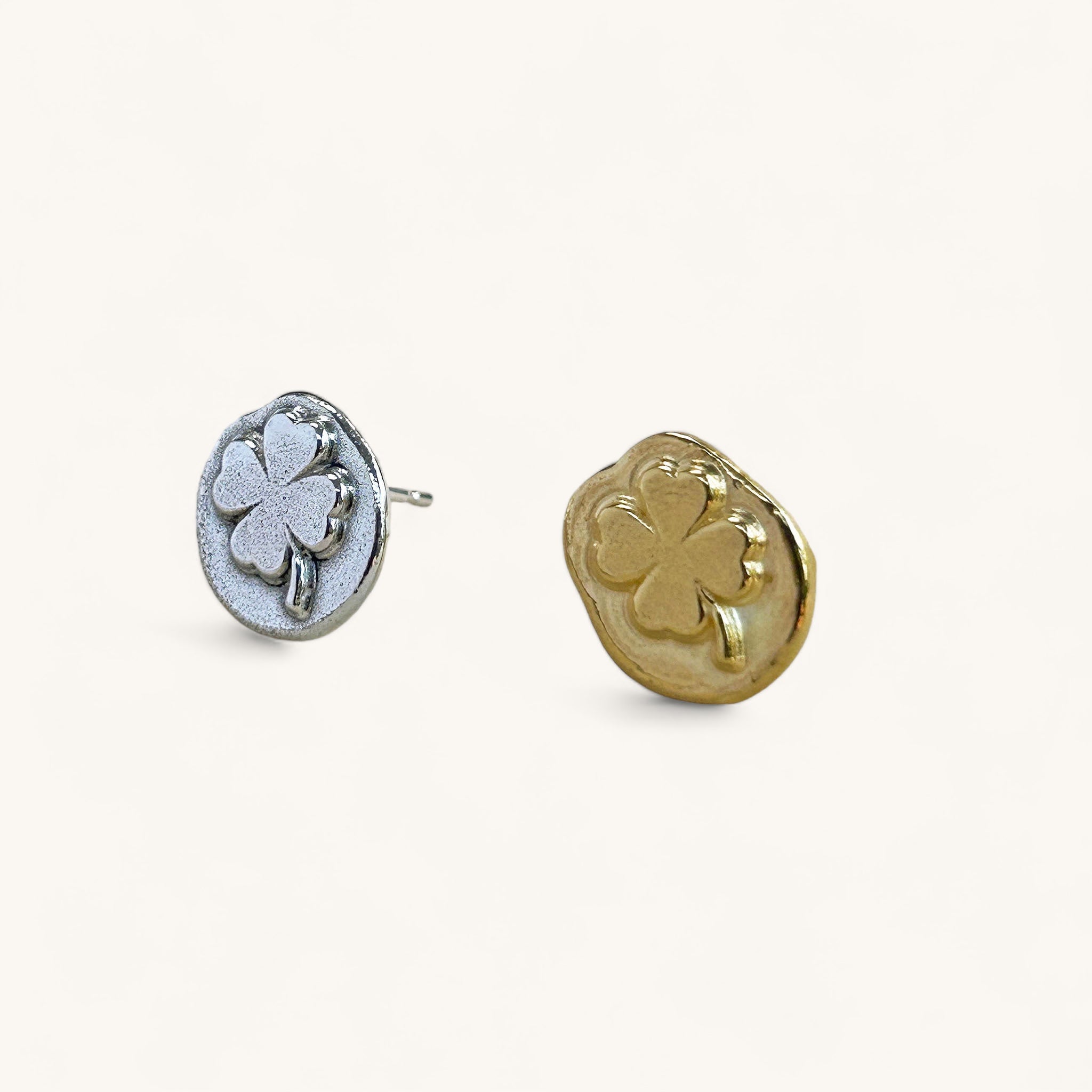 Jennifer Loiselle four leaf clover stud earrings in recycled silver and gold