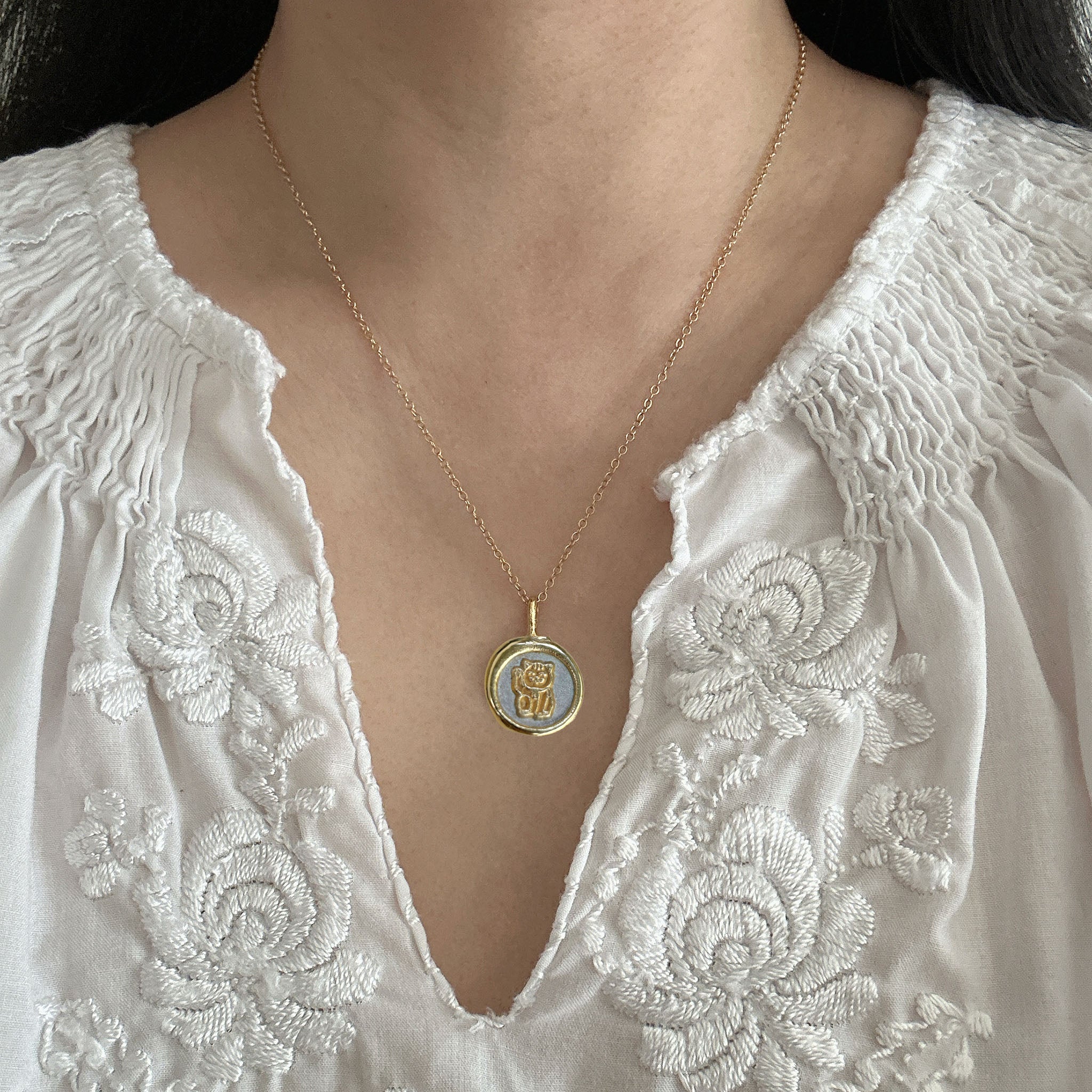 Jennifer Loiselle Lucky Cat Necklace in silver and gold vermeil