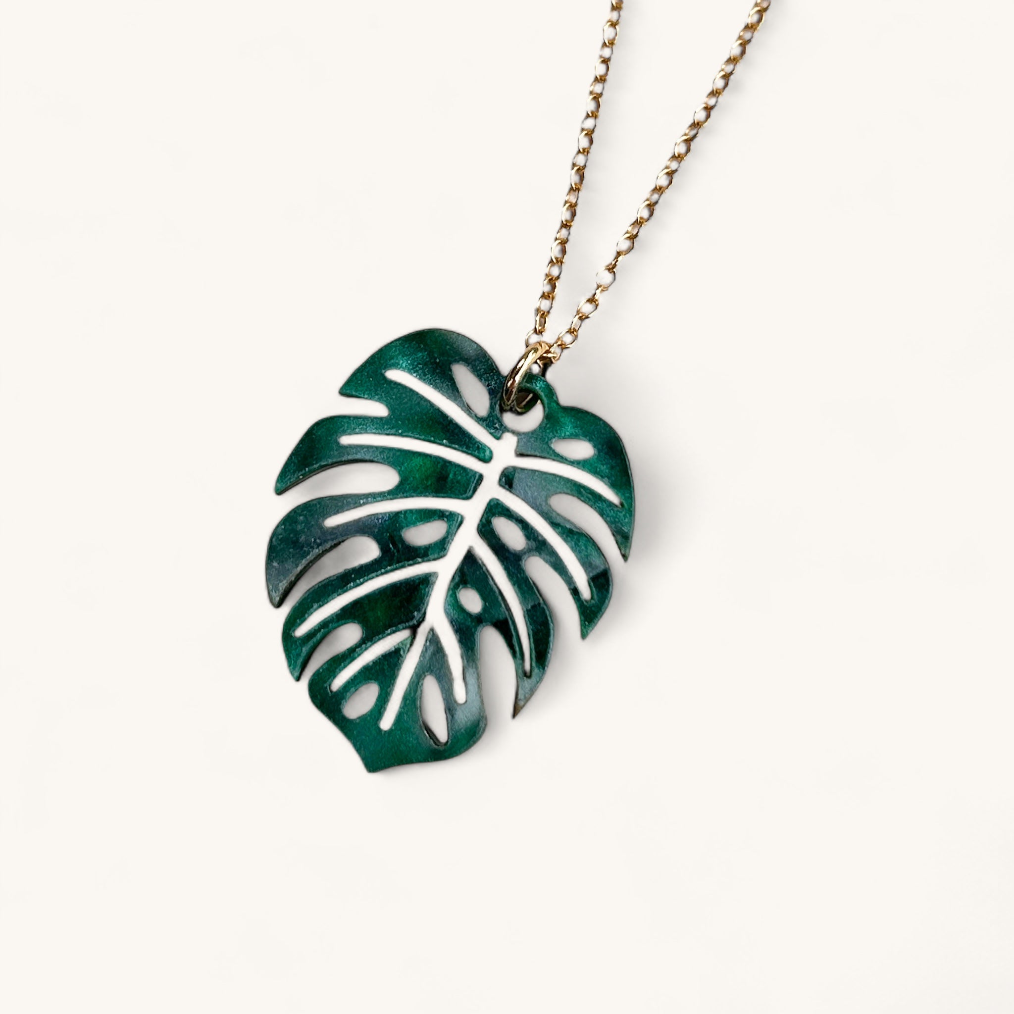 Jennifer Loiselle monstera leaf charm necklace