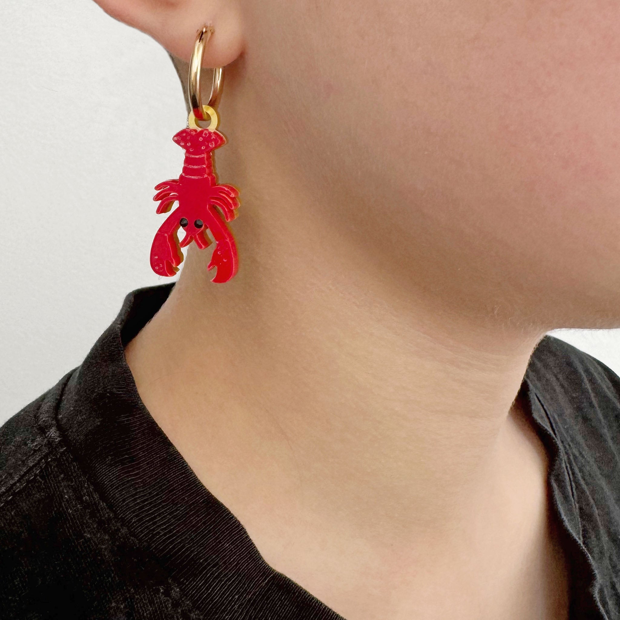 Jennifer Loiselle Laser Cut Acrylic Red Lobster Gold Filled Hoop Earrings