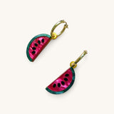 Jennifer Loiselle watermelon charm earrings in marbled acrylic with gold filled hoops