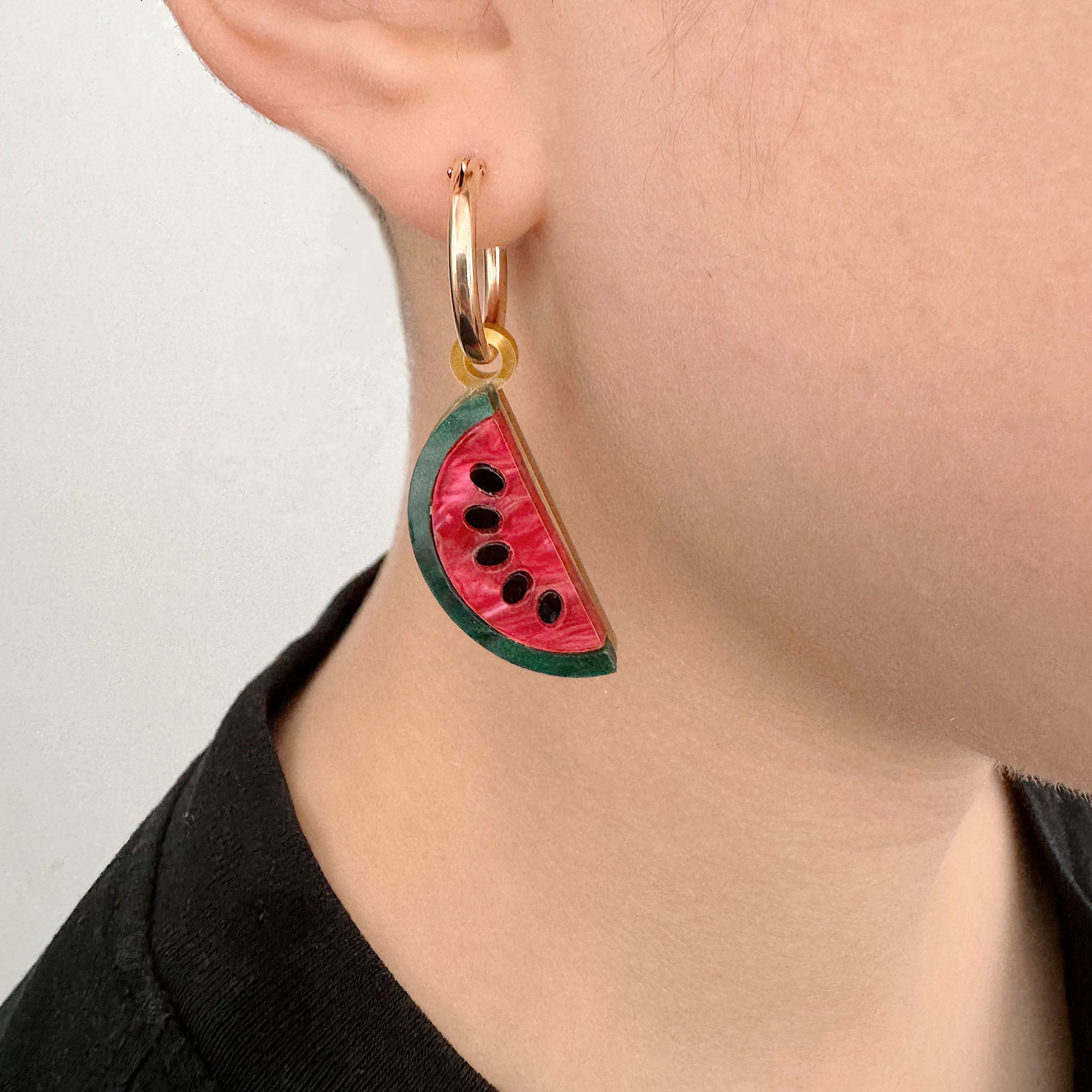 Jennifer Loiselle watermelon charm earrings in marbled acrylic with gold filled hoops