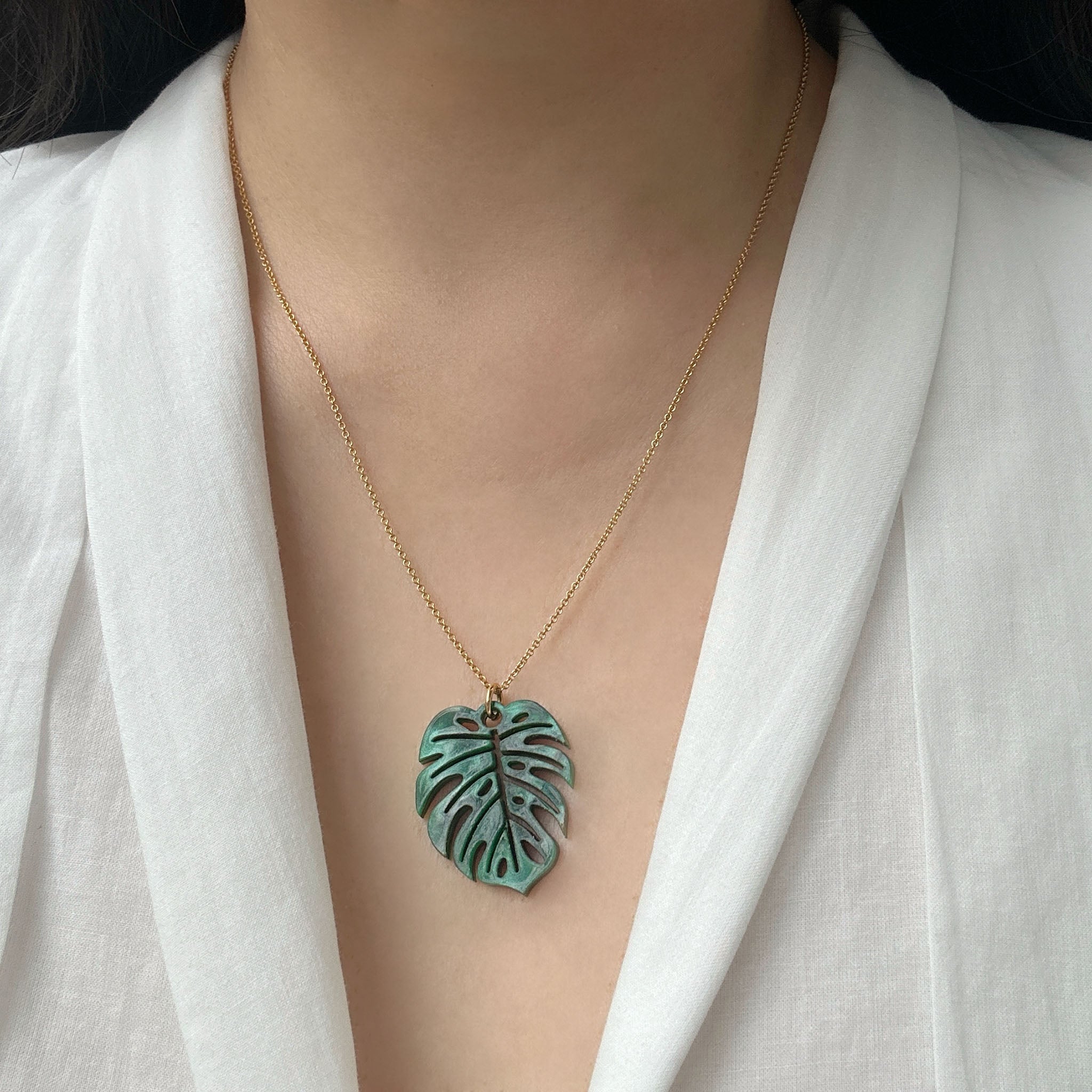 Jennifer Loiselle monstera leaf charm necklace