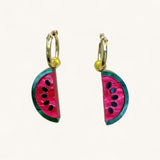 Jennifer Loiselle watermelon charm earrings in marbled acrylic with gold filled hoops