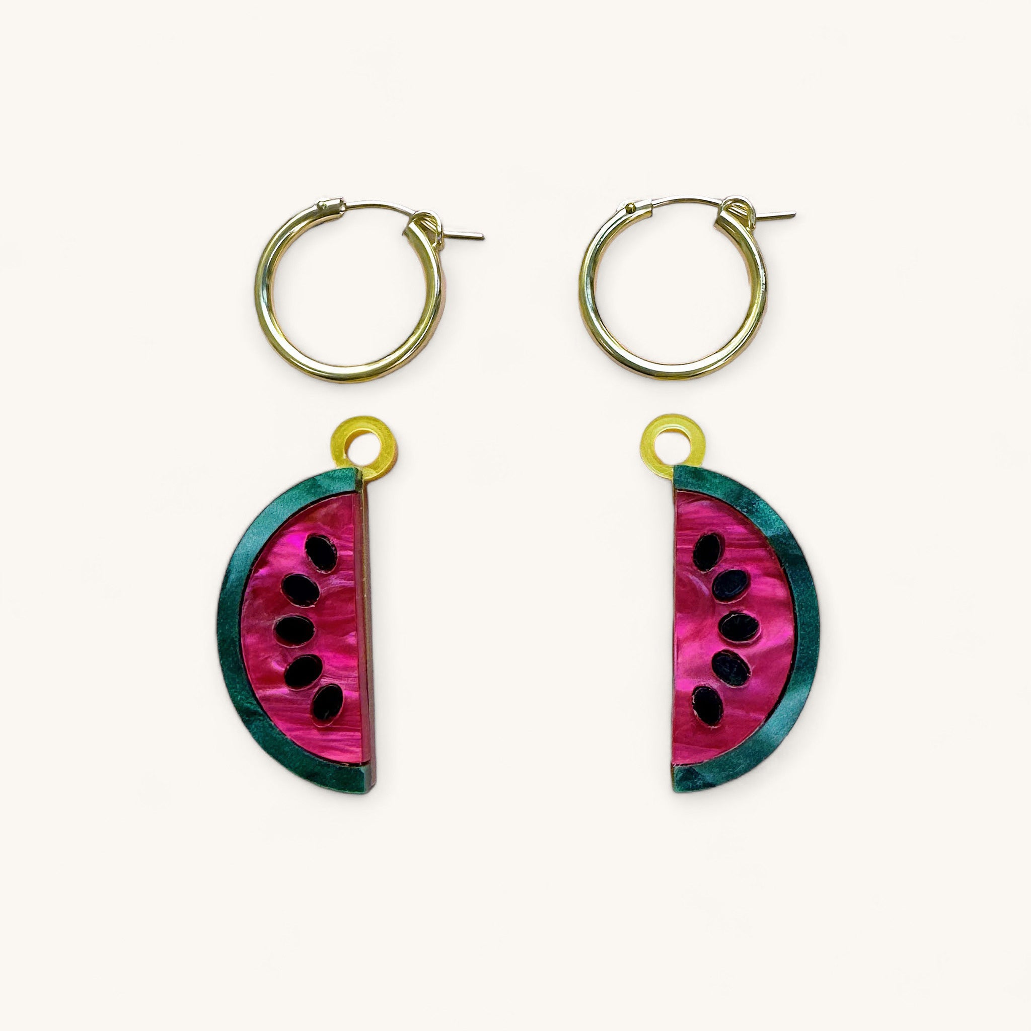 Jennifer Loiselle watermelon charm earrings in marbled acrylic with gold filled hoops
