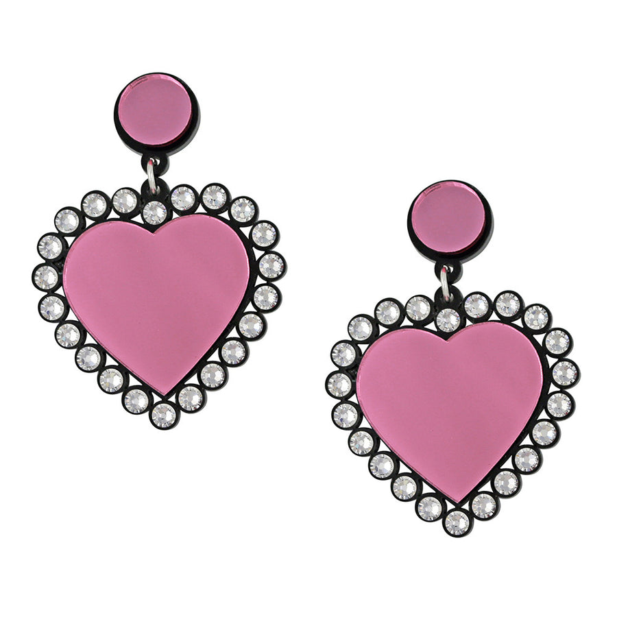 Jennifer Loiselle laser cut acrylic pink Swarovski heart earrings