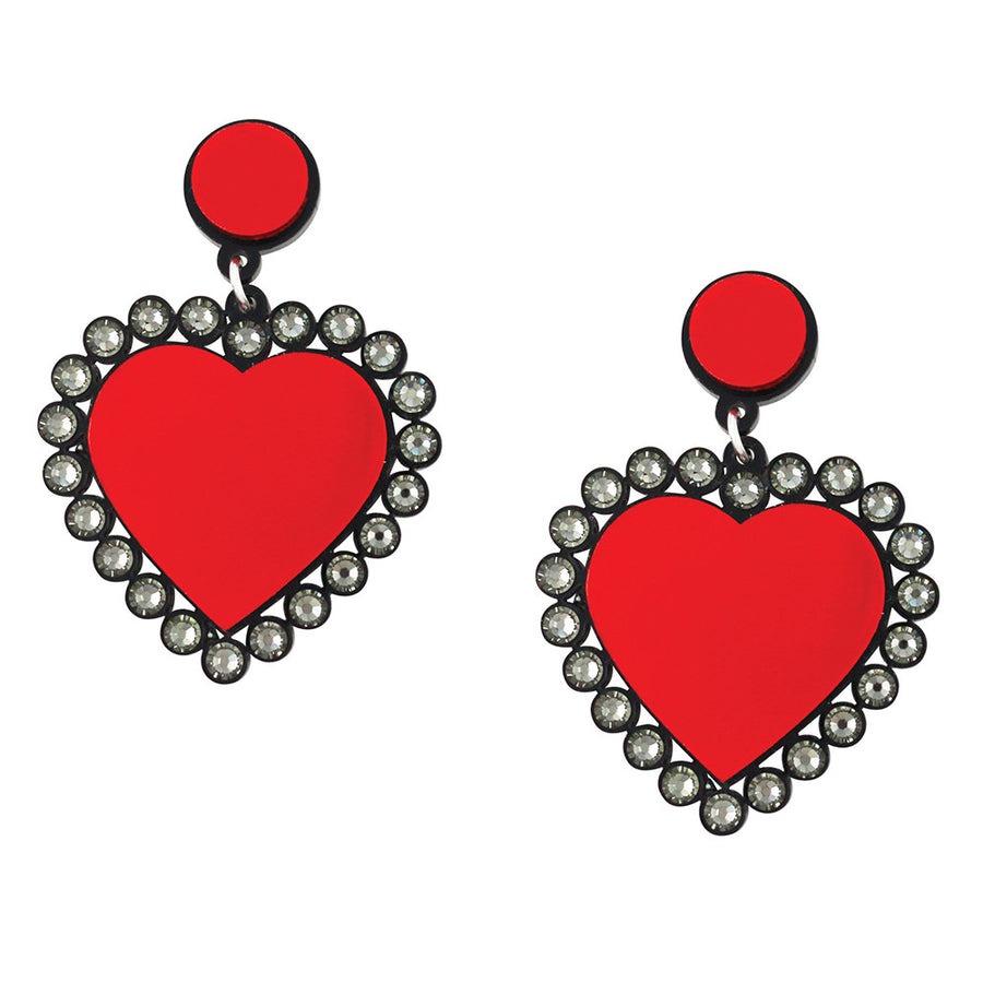 Jennifer Loiselle laser cut acrylic red Swarovski heart earrings