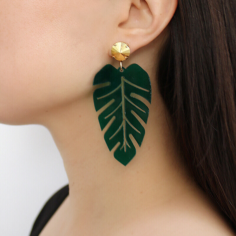 Jennifer Loiselle laser cut acrylic banana leaf earrings