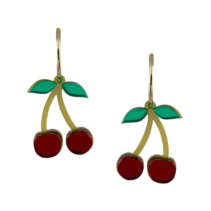 Jennifer Loiselle laser cut Perspex acrylic cherry fruit hoop earrings