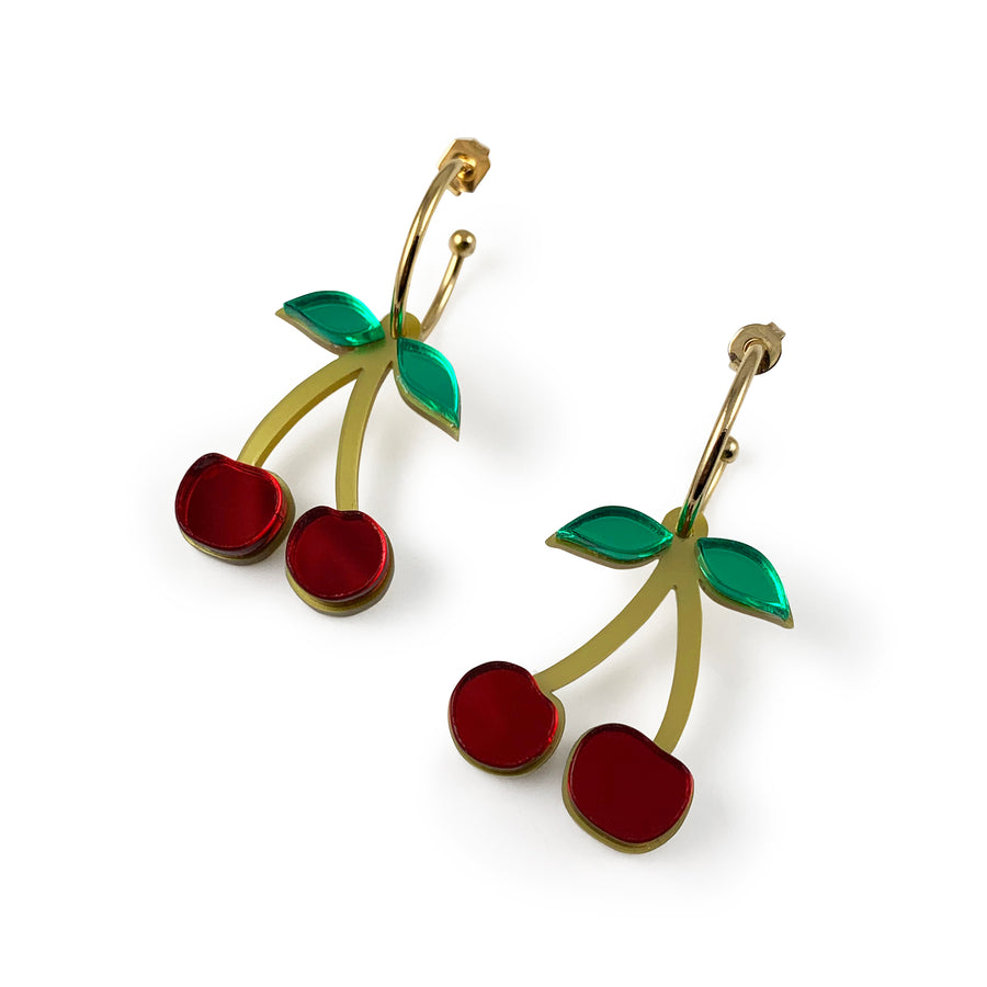 Jennifer Loiselle laser cut Perspex acrylic cherry fruit hoop earrings