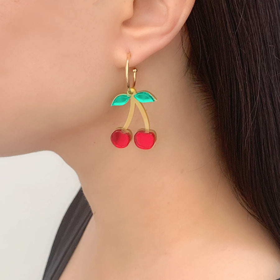 Jennifer Loiselle laser cut Perspex acrylic cherry fruit hoop earrings