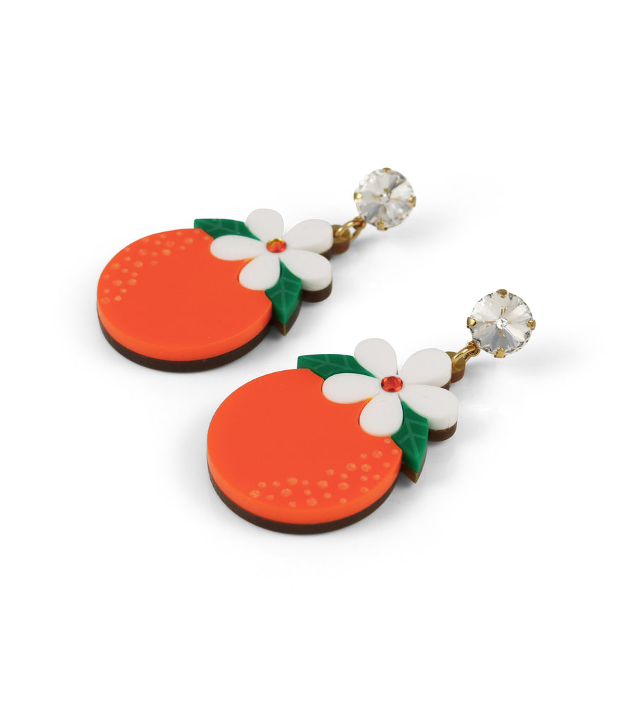 Jennifer Loiselle laser cut acrylic orange blossom fruit earrings