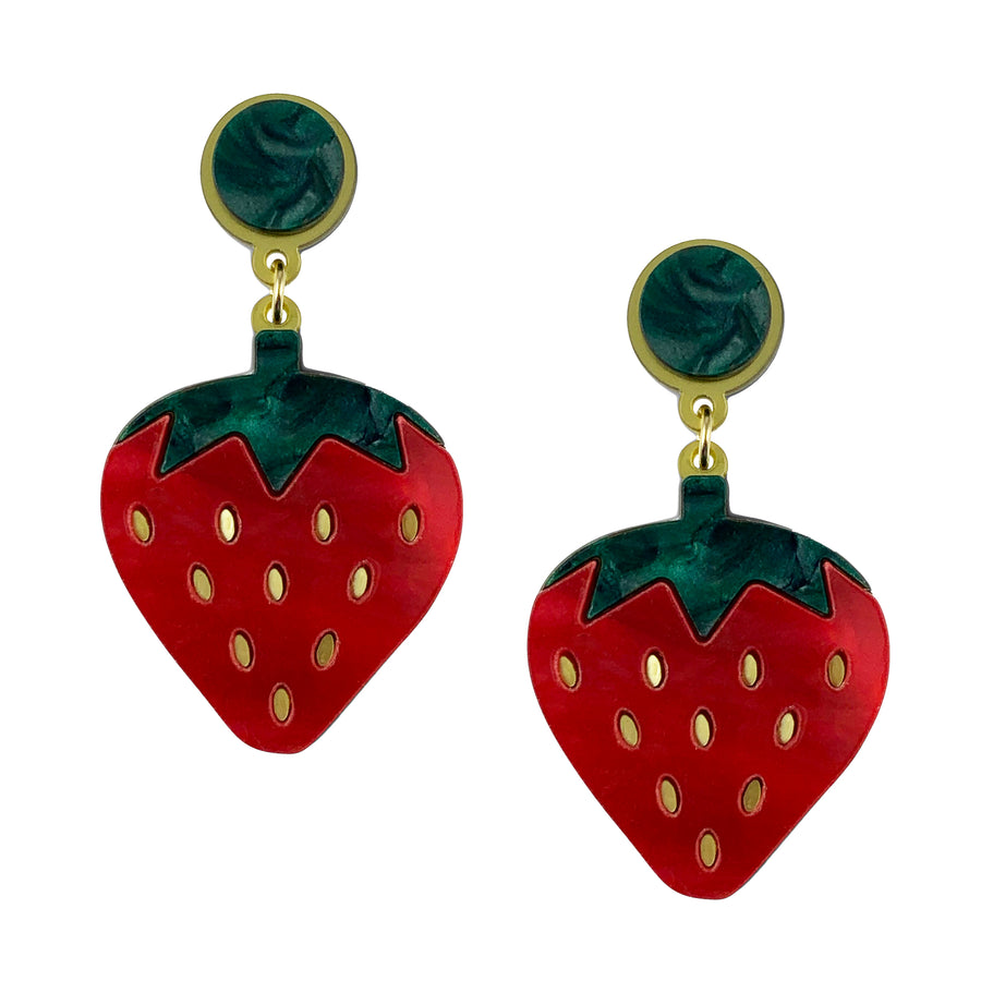 Jennifer Loiselle Strawberry Fields Forever laser cut acrylic fruit fashion statement earrings