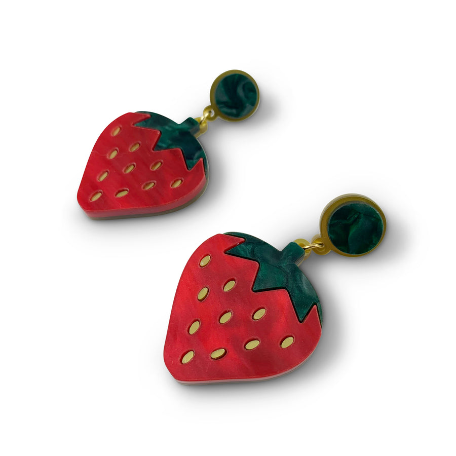 Jennifer Loiselle Strawberry Fields Forever laser cut acrylic fruit fashion statement earrings