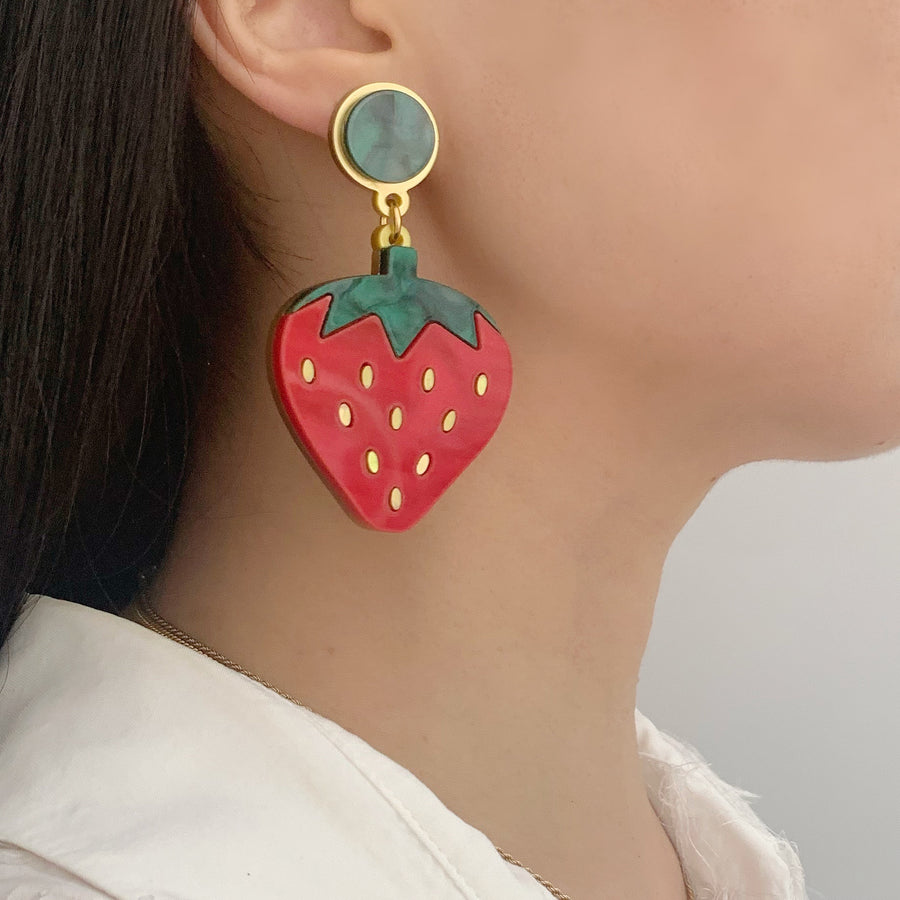 Jennifer Loiselle Strawberry Fields Forever laser cut acrylic fruit fashion statement earrings