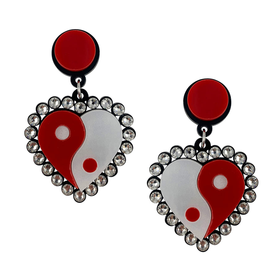 Yin Yang Heart Drop Earrings in Red and White