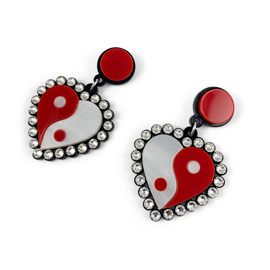 Yin Yang Heart Drop Earrings in Red and White