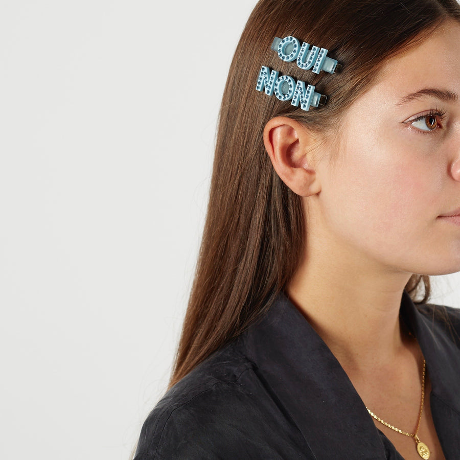Jennifer Loiselle oui non word Swarovski crystal hair clips