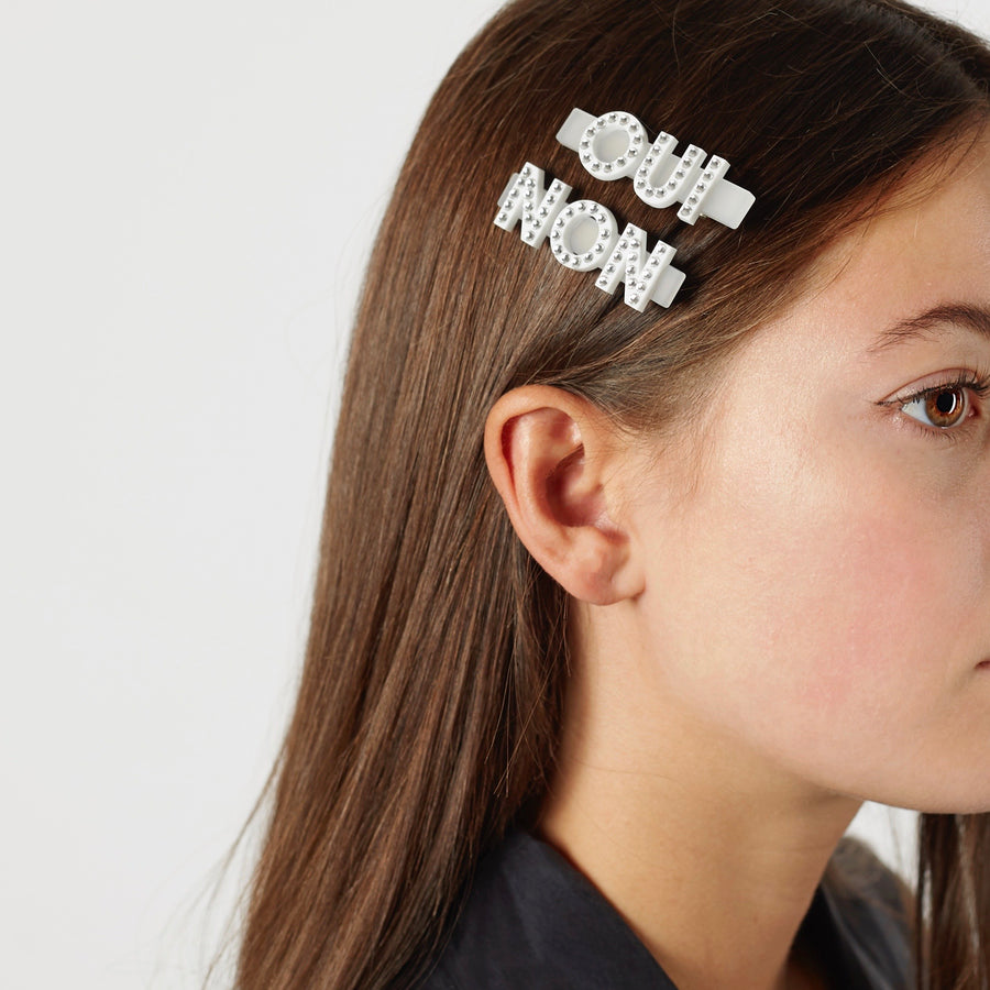 Jennifer Loiselle oui non word Swarovski crystal hair clips